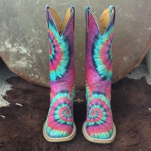 TIN HAUL "Happy Hippie" groovy rainbow tie dye leather cowgirl boots sz 6.5 EUC - Picture 12 of 16